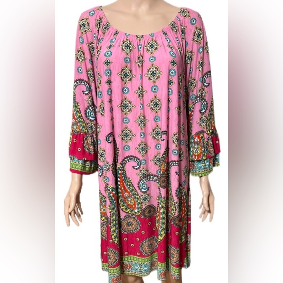 Boho Dress M L Paisley Tunic Pink Multicolor Festival Peasant Style Flowy - Picture 1 of 7